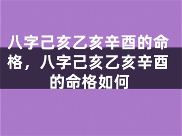 八字己亥乙亥辛酉的命格，八字己亥乙亥辛酉的命格如何